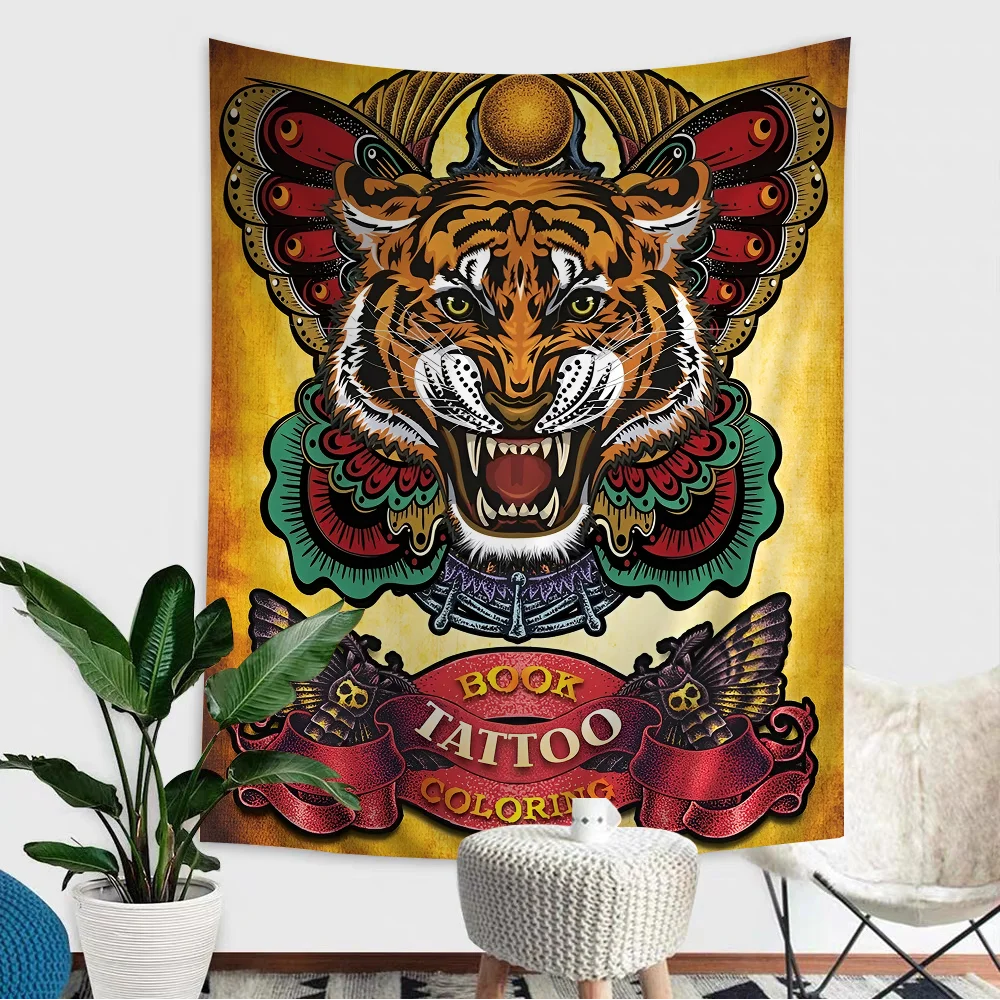 A vibrant tapestry featuring a fierce tiger head with intricate tattoo-style details and vintage coloring.