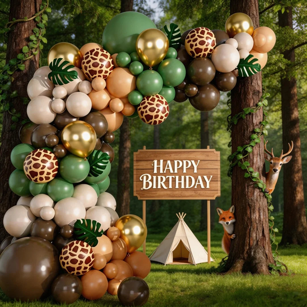 A balloon garland featuring safari jungle prints in shades of green, gold, and earth tones decorated around a tree.