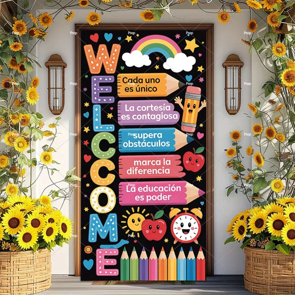 A colorful door banner decorated with letters spelling WELCOME and various school-themed illustrations like rainbows, pencils