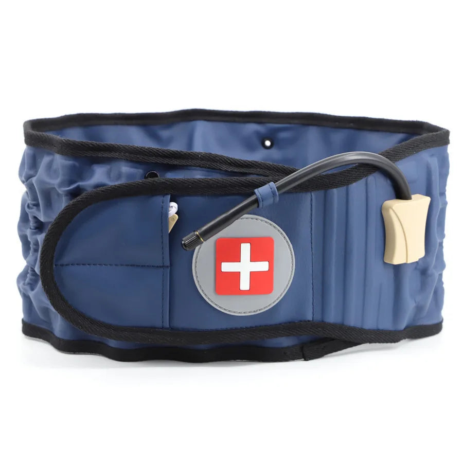 A navy blue inflatable lumbar support belt with a red cross emblem and black straps.