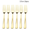 A set of 10 gold disposable forks shown in a row.