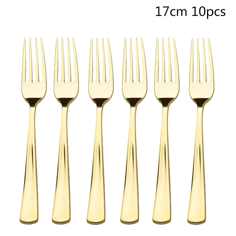 A set of 10 gold disposable forks shown in a row.