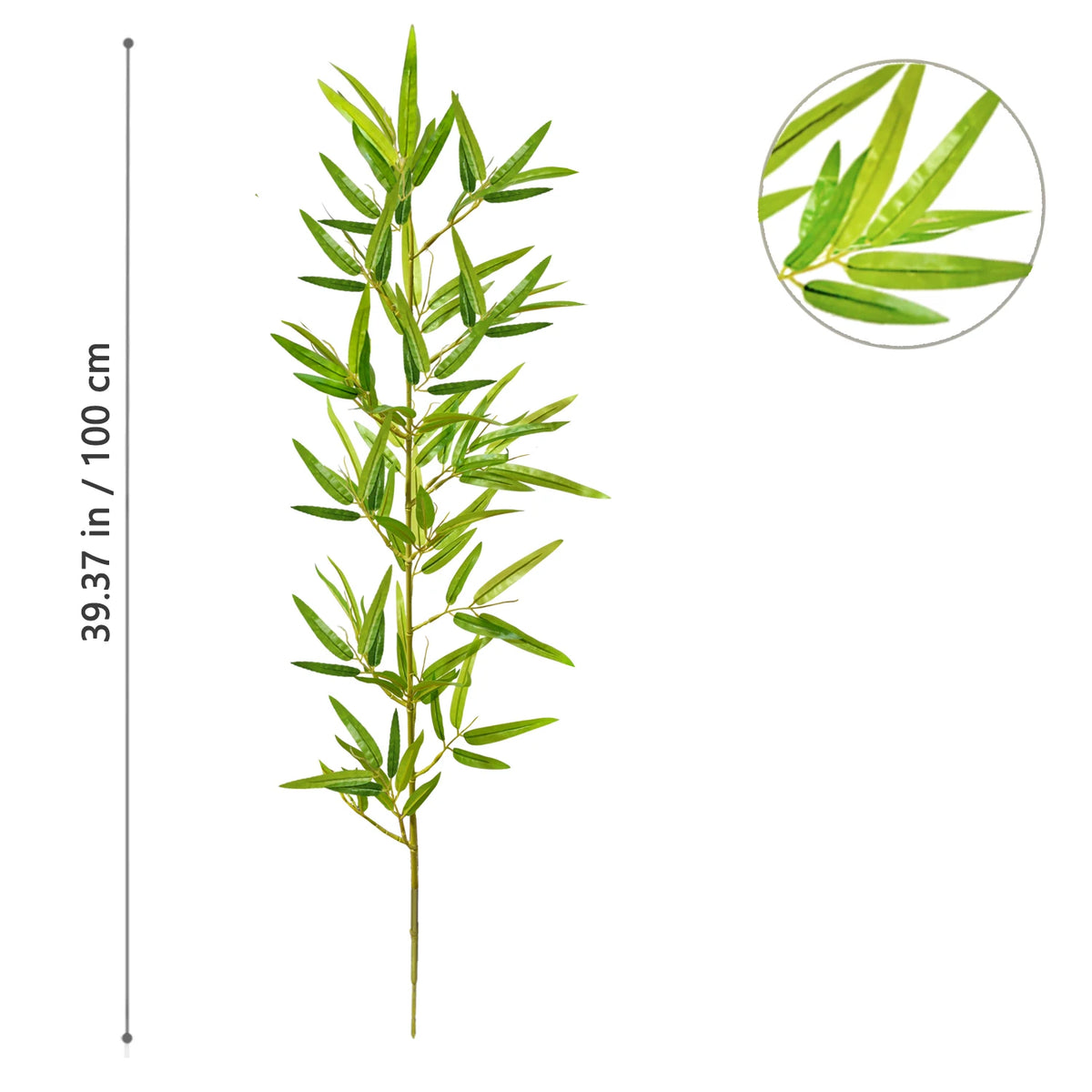 A vertical branch of artificial bamboo with green leaves, shown next to a magnified view of the foliage.