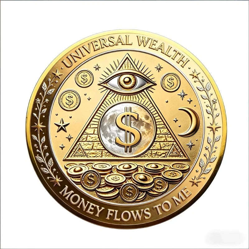 A round gold coin featuring an eye design and text that reads Universal Wealth and Money Flows to Me