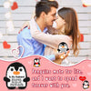 A couple embracing with a crochet penguin plush doll and text about penguins mating for life