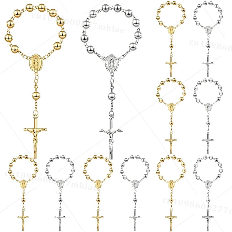 Assorted mini baptism rosary favors with cross necklaces in gold and silver tones