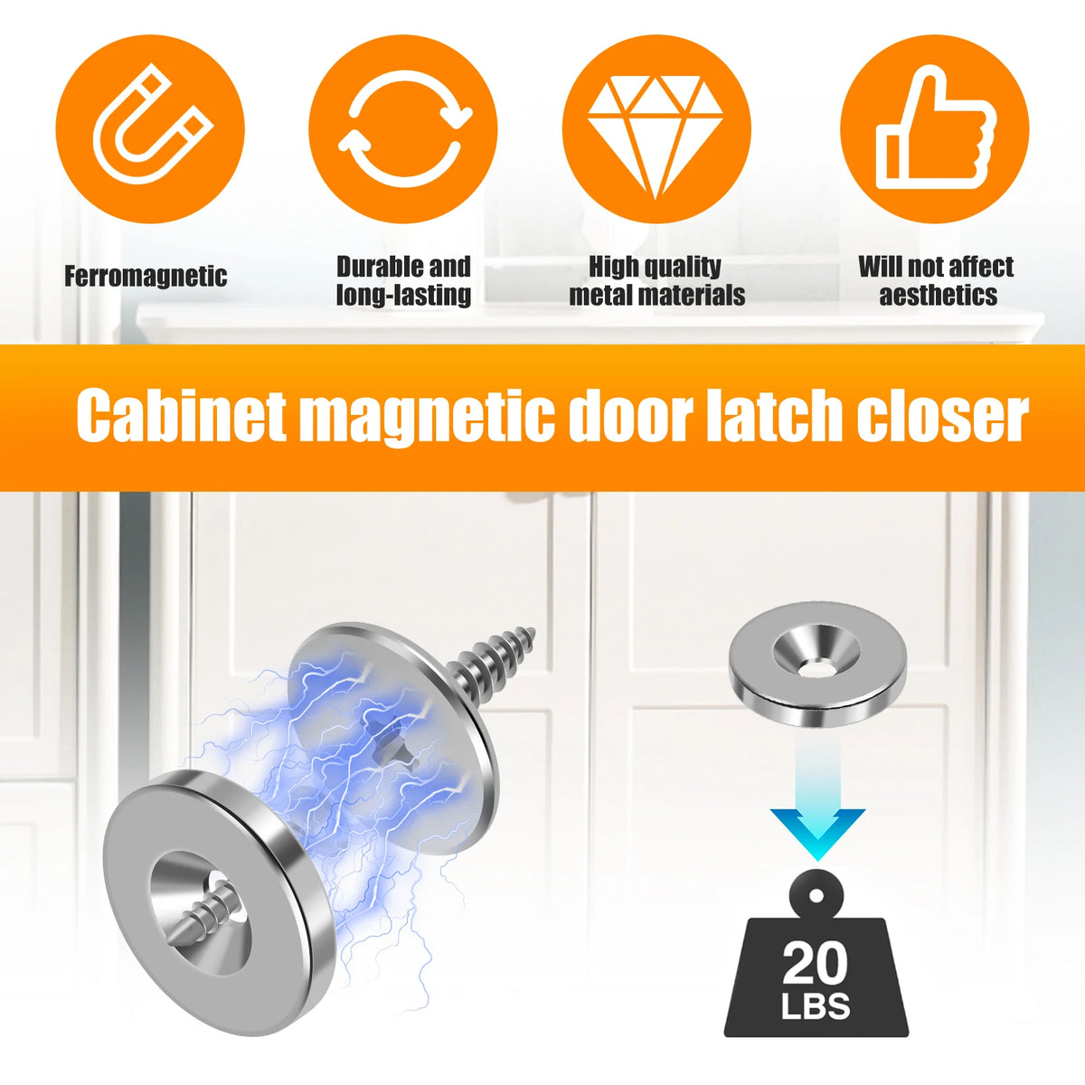A close-up of a heavy duty metal cabinet door magnetic latch closer demonstrating its function on a white cabinet door.