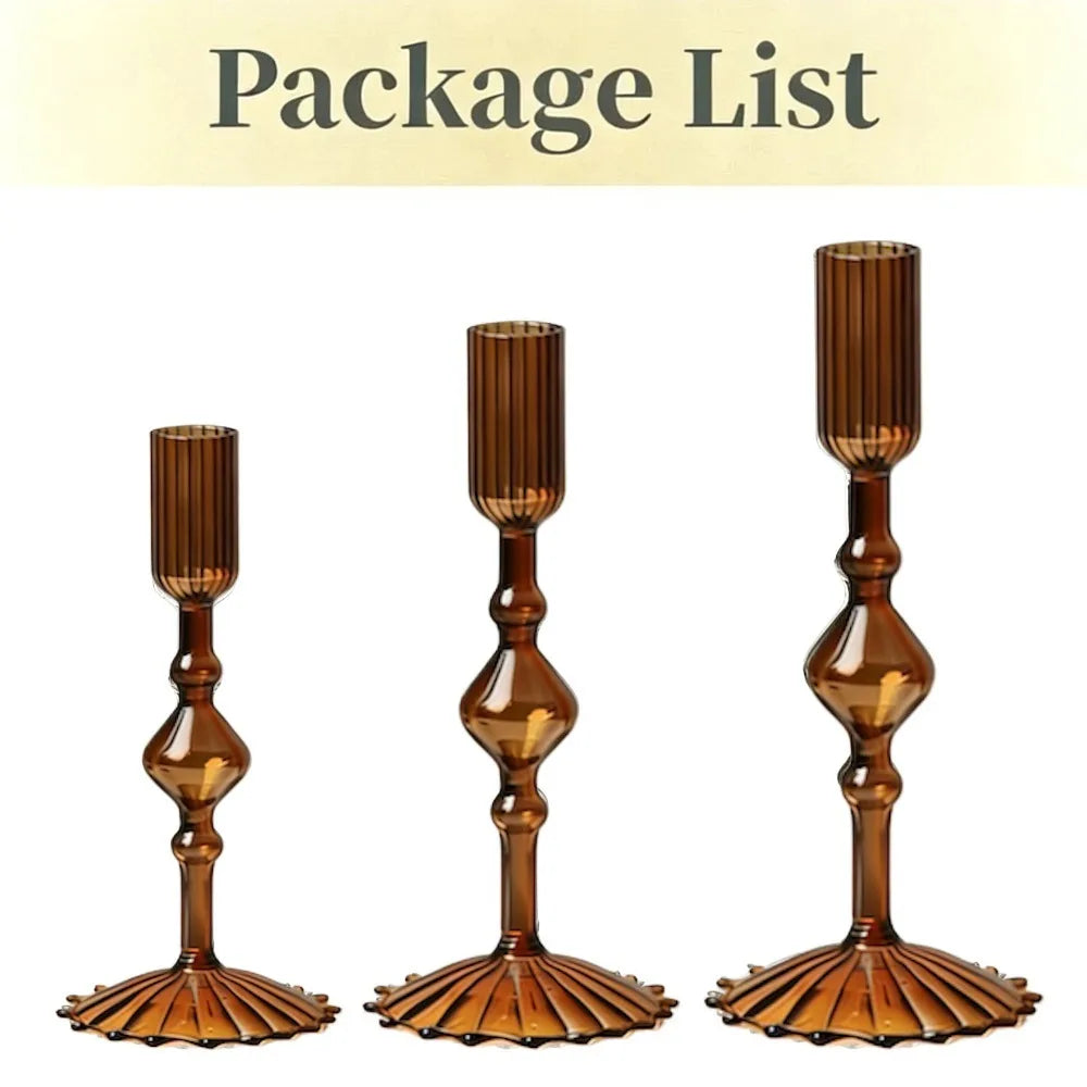 A set of three amber glass tapered candle holders with ruffled bases.