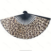 Leopard print folding hand fan with a black frame.