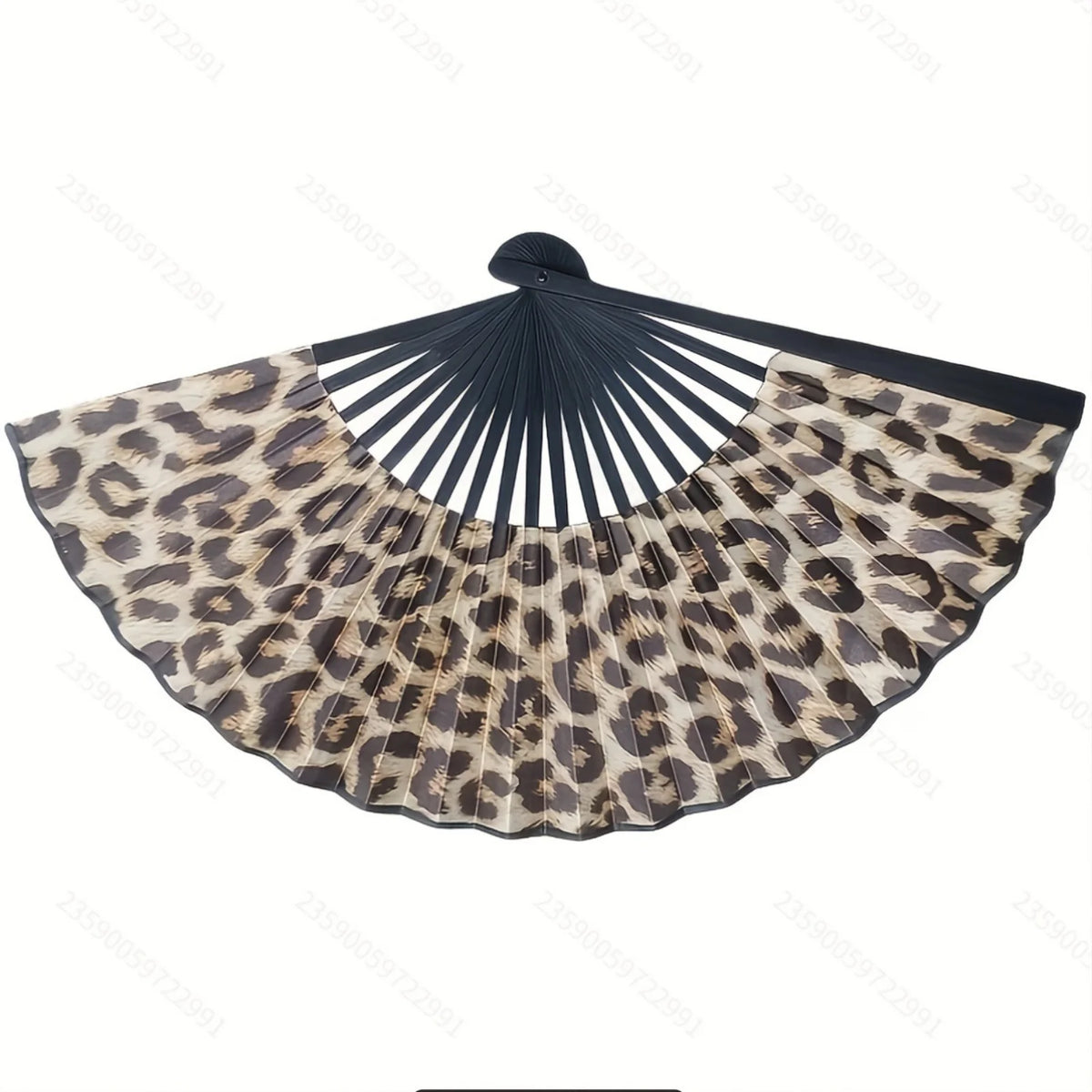 Leopard print folding hand fan with a black frame.
