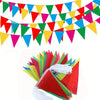 A colorful pennant banner flag decoration featuring triangles in red, green, yellow, and blue.