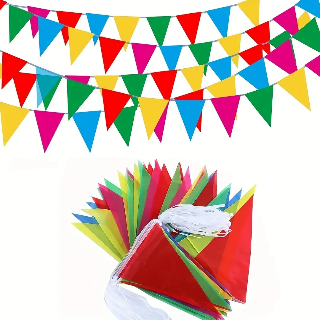 A colorful pennant banner flag decoration featuring triangles in red, green, yellow, and blue.