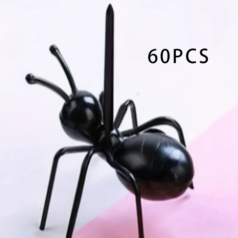 60 pieces of black reusable ant-shaped plastic toothpicks and fruit forks for party snacks