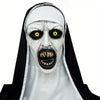 A realistic horror nun latex mask with pale skin, black veil, and exaggerated screaming features.