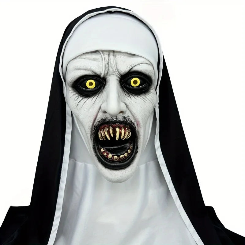 A realistic horror nun latex mask with pale skin, black veil, and exaggerated screaming features.