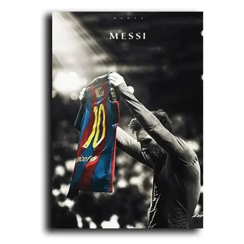 A dramatic black and white photo of Lionel Messi celebrating with a soccer jersey.