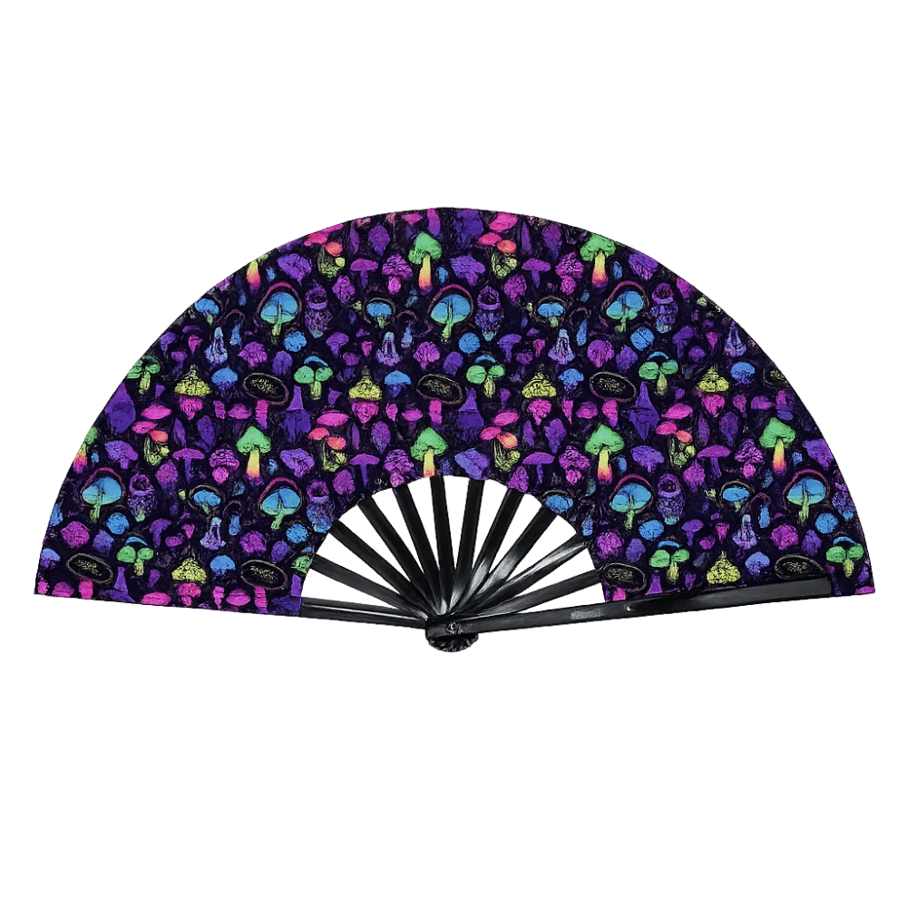 A folding rave hand fan with a dark purple background covered in colorful fluorescent mushrooms and plants.