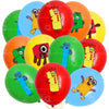 A collection of colorful balloons shaped like building blocks for a birthday party decoration set