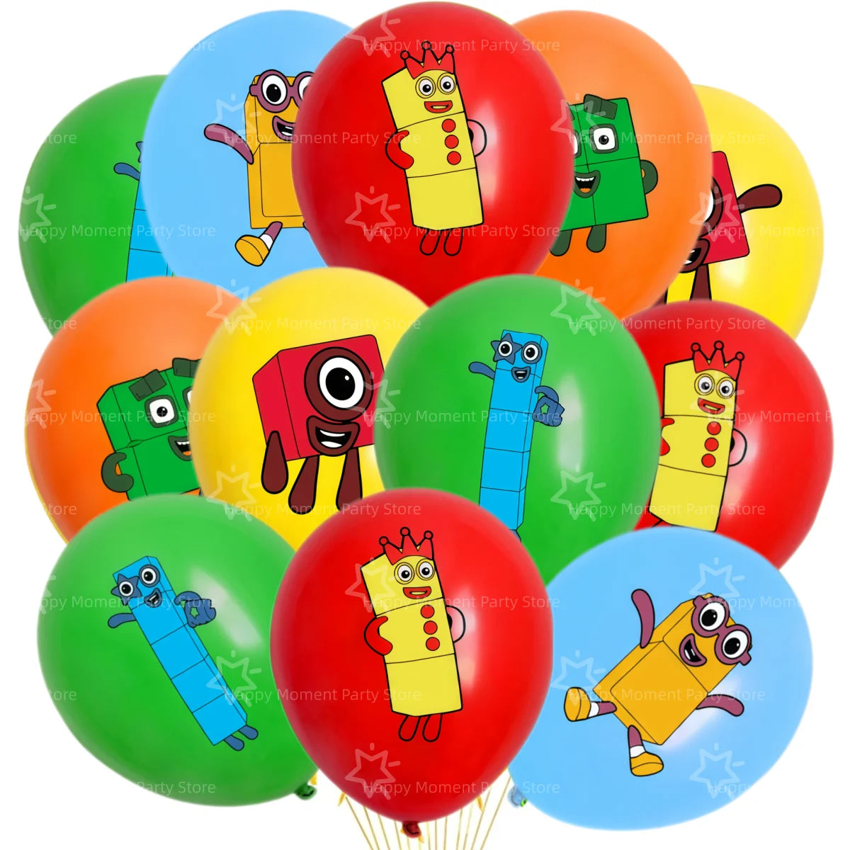 A collection of colorful balloons shaped like building blocks for a birthday party decoration set