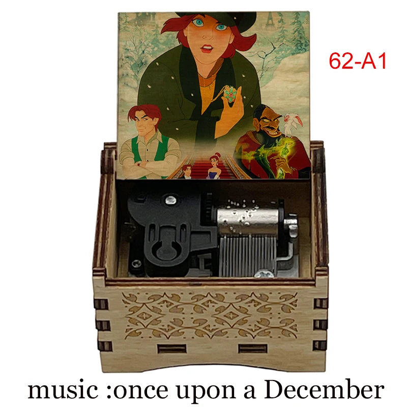 A hand-cranked wooden music box featuring an illustration of a woman and a man, with the title Once Upon a December.