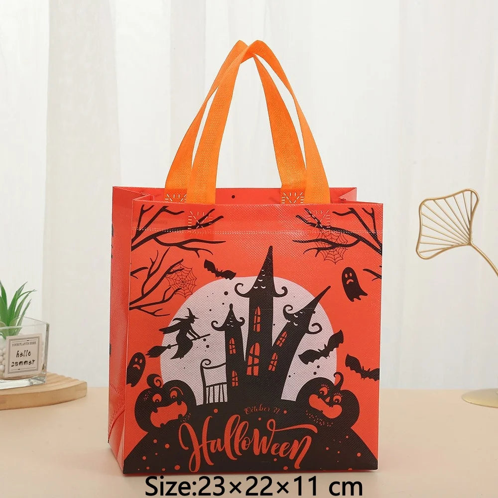 Orange tote bag featuring black silhouette designs of bats and spooky elements for Halloween