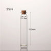 A clear glass bottle with a cork stopper, labeled 25ml, and marked dimensions of 100mm height and 22mm diameter.