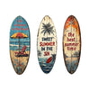 Three oval wooden surfboards with beach and summer themes painted on them.