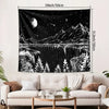 Black tapestry featuring a monochrome landscape of mountains, water, and stars.