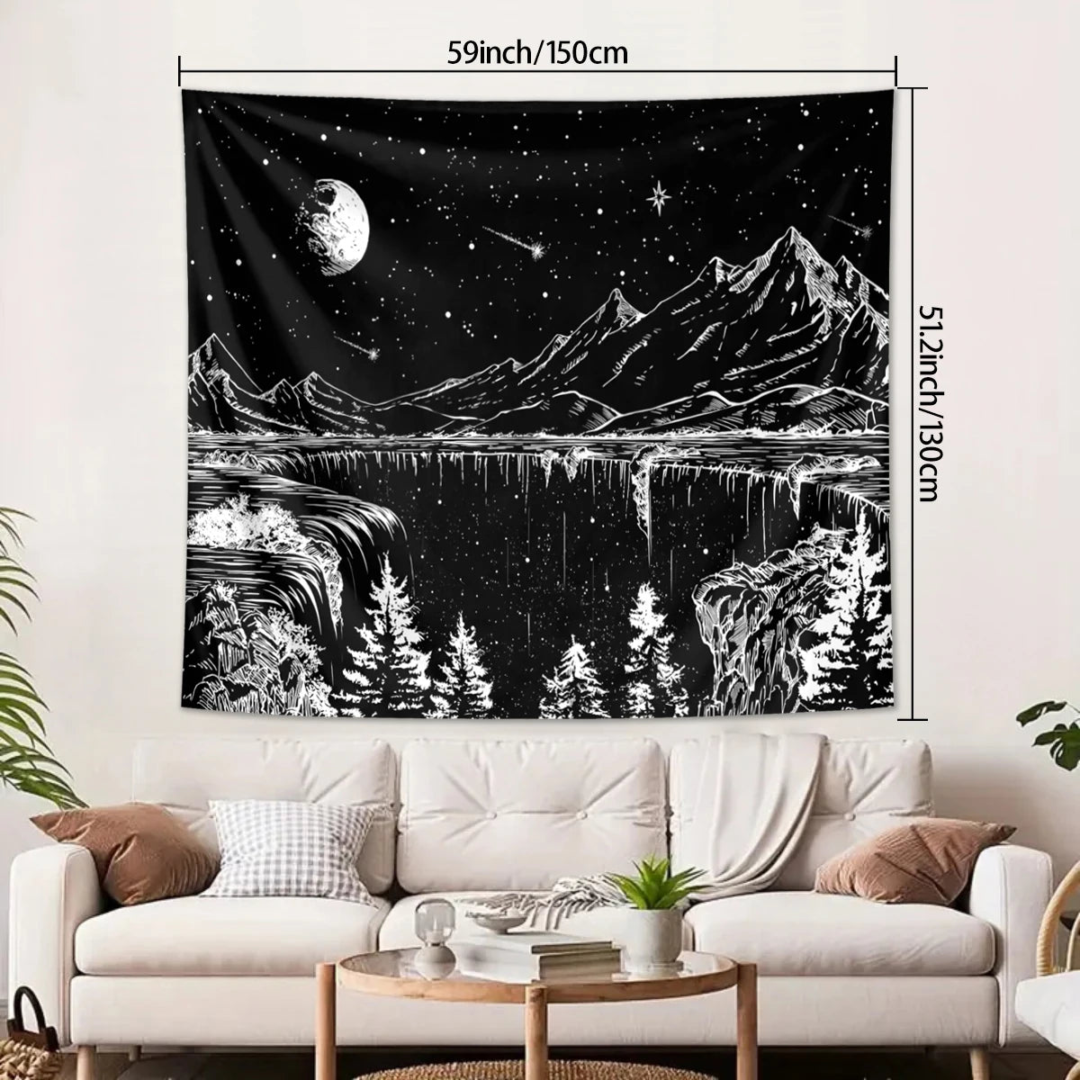 Black tapestry featuring a monochrome landscape of mountains, water, and stars.