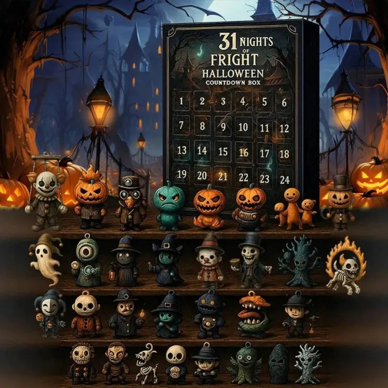 A collection of spooky Halloween figurines displayed in a countdown box for 31 nights of fright.