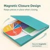 A teal magnetic closure design showing a fraction learning board with pieces secured by a magnetic connection.