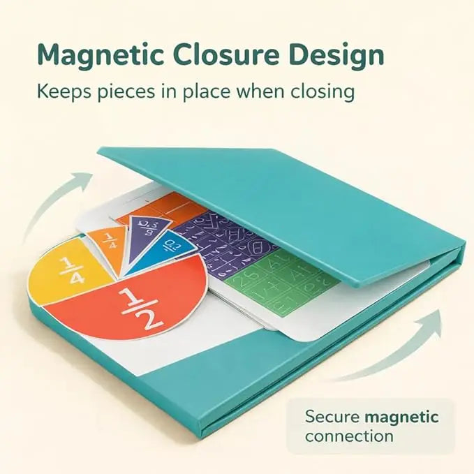 A teal magnetic closure design showing a fraction learning board with pieces secured by a magnetic connection.
