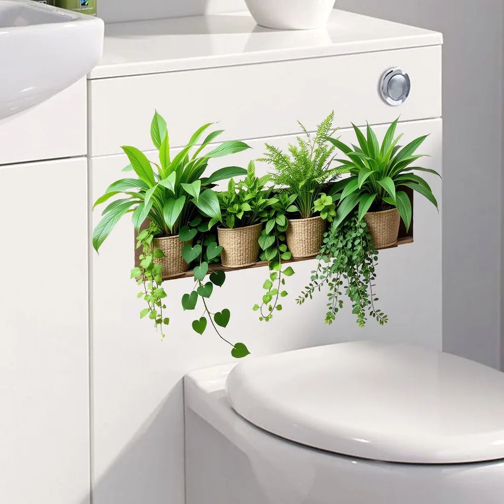 A white cabinet features potted green plants hanging from a wooden tray above a toilet.