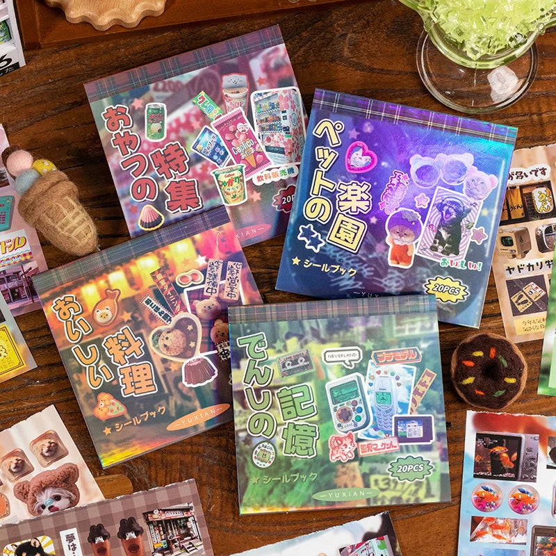 A collection of retro cartoon PET die cut stickers in various colors and designs for scrapbooking and journaling.