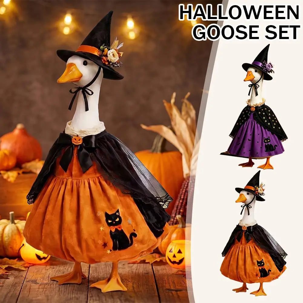 A Halloween goose costume set featuring a white goose with a witch hat and cape, displayed near pumpkins.