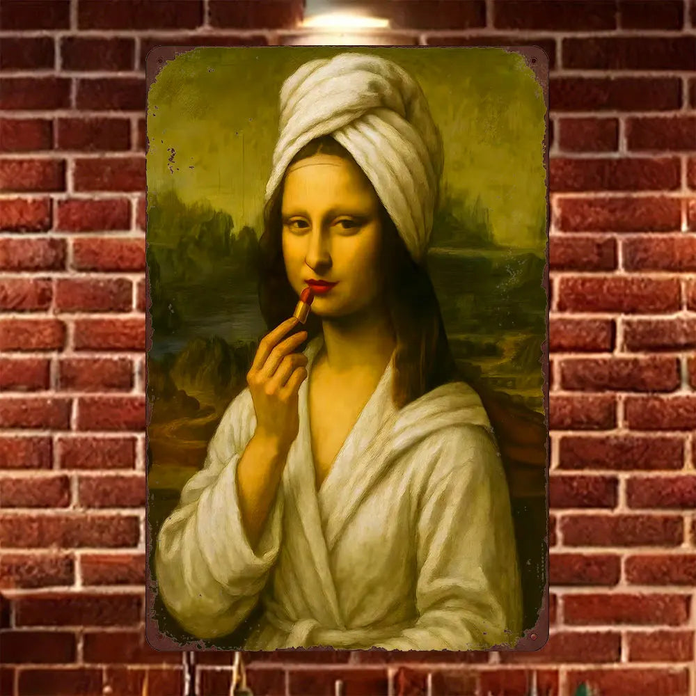 A vintage funny art parody metal tin sign featuring a portrait of a woman wrapped in white cloth.
