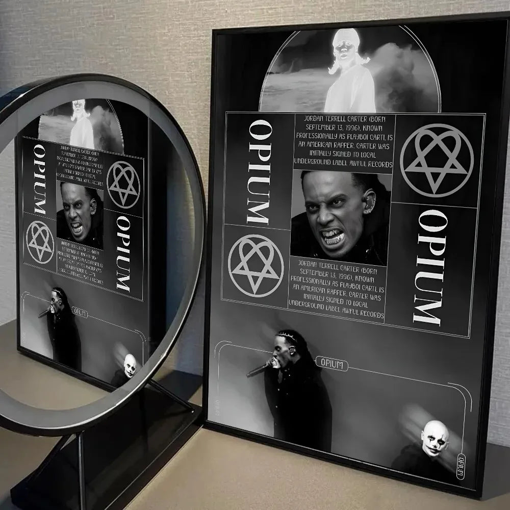 Black framed wall art featuring portraits of Playboi Carti and Opium with geometric symbols