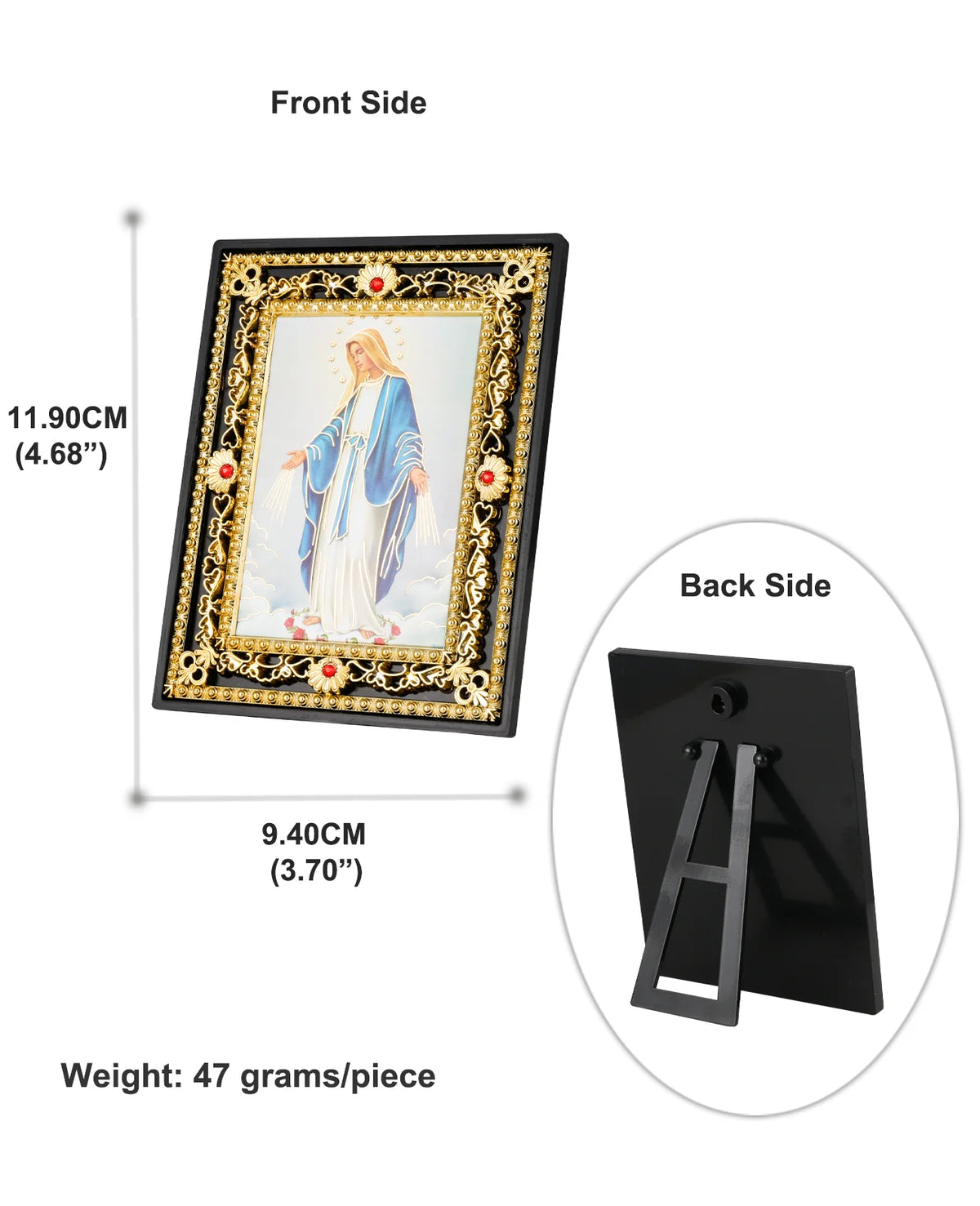 Front and back views of a framed Catholic Holy Family icon with Archangel St. Michael for tabletop display