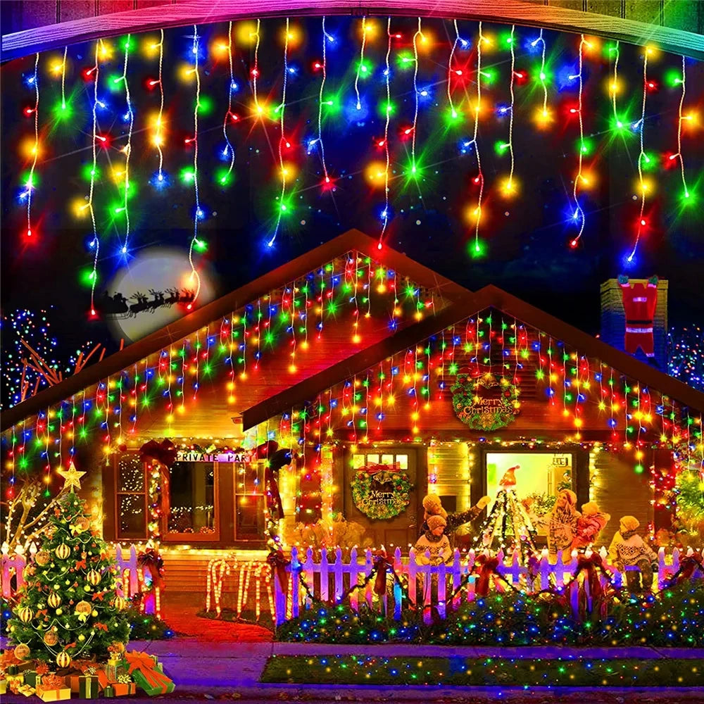 A wooden house decorated with colorful string lights and festive holiday greenery.