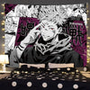 Anime tapestry wall hanging featuring Gojo Satoru with spiky white hair and red eyes