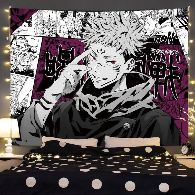 Anime tapestry wall hanging featuring Gojo Satoru with spiky white hair and red eyes