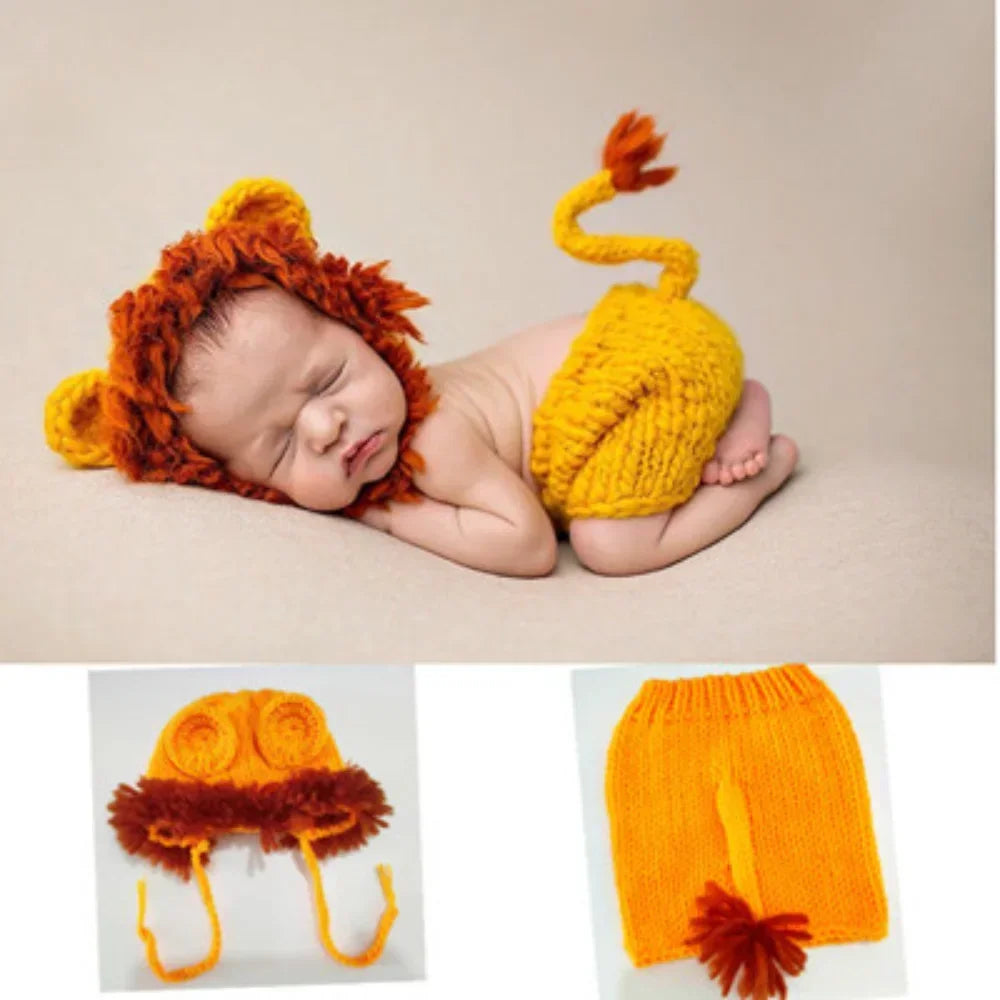 Adorable handcrafted lion crochet outfit set for baby photo shoots featuring orange and brown yarn.