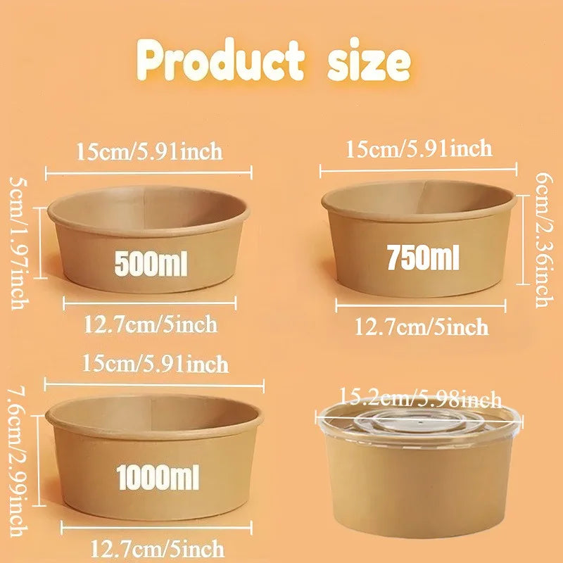 Three disposable kraft paper lunch bowls of sizes 500ml, 750ml, and 1000ml shown side by side.