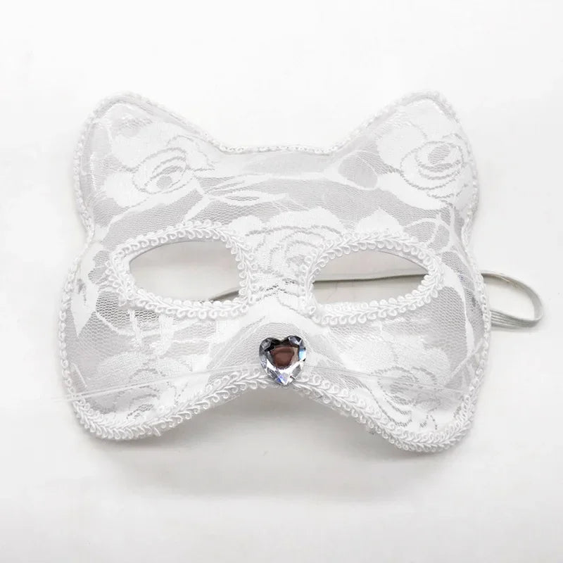 White lace half-face mask with a cat-ear design for masquerade or cosplay