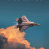 A Lockheed Martin F-22 Raptor fighter jet flying above a cloud layer against a blue sky.