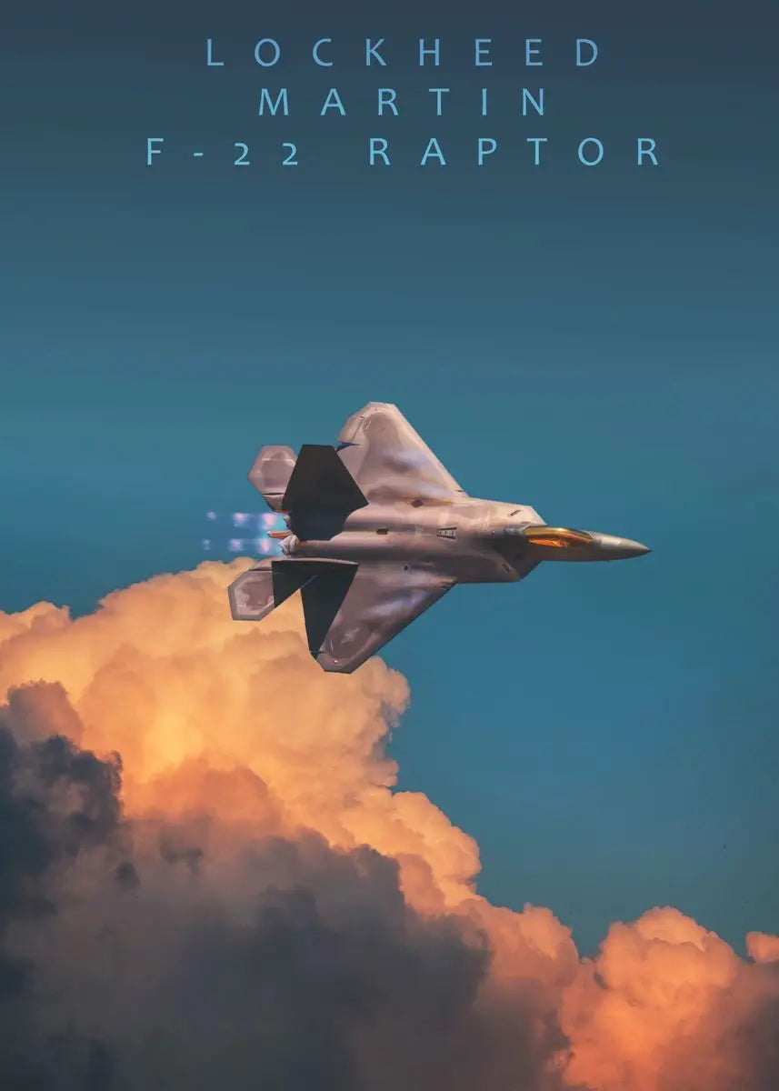 A Lockheed Martin F-22 Raptor fighter jet flying above a cloud layer against a blue sky.