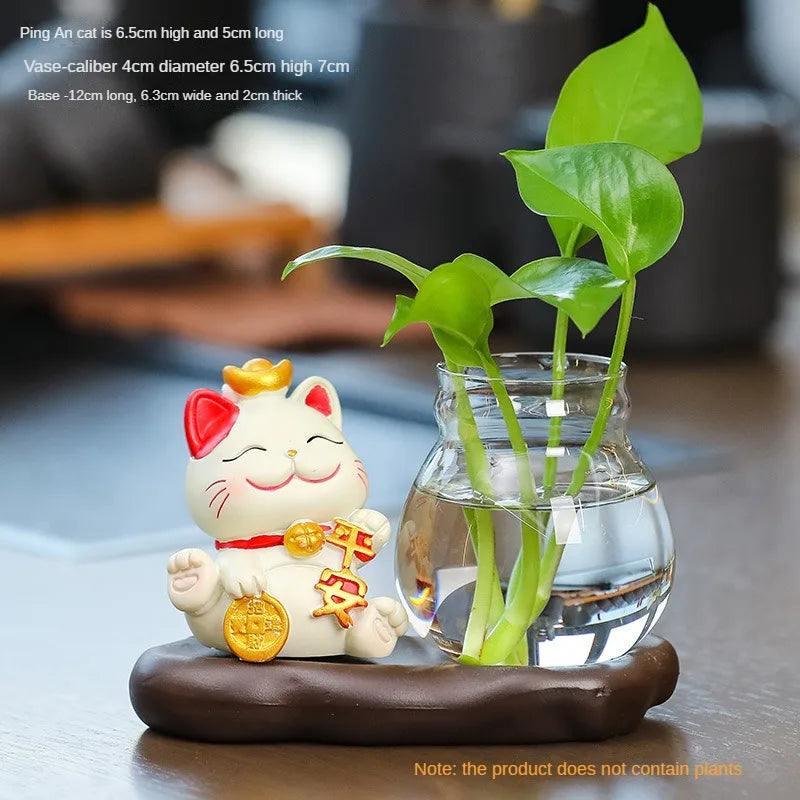Mini resin desk ornament featuring a lucky cat figurine and green ivy plant in a glass vase
