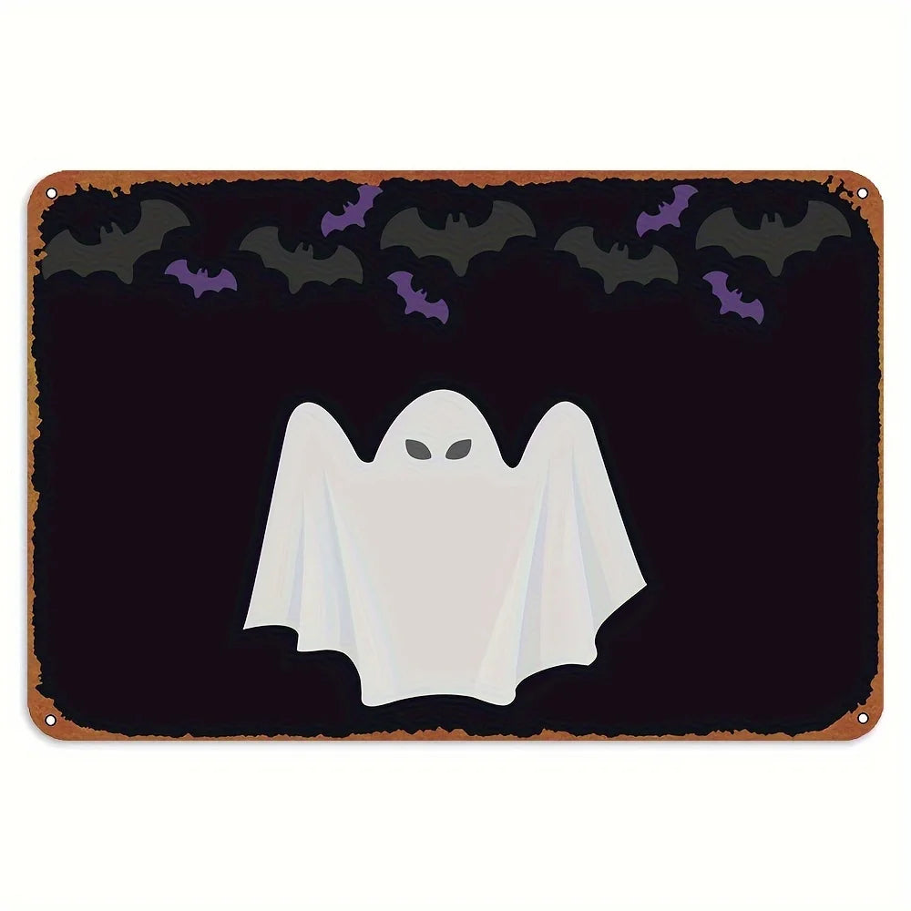 A dark metal tin sign featuring a white ghost silhouette against a black background with small purple bats.