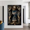 Dunkelblaue und goldene Leinwandkunst mit einer Sanduhr, umgeben von verzierten Blättern