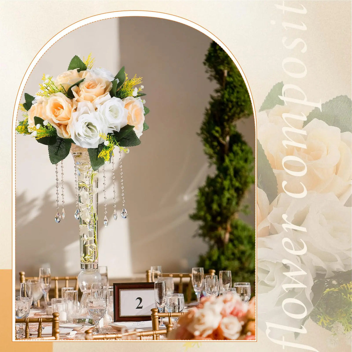 A floral centerpiece featuring light peach and white roses with greenery displayed in a glass vase.